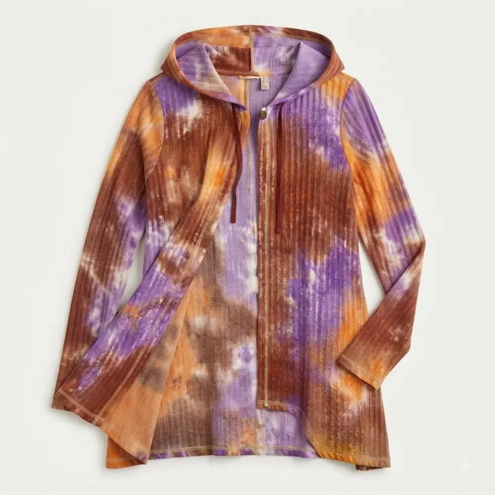 LOGO Lori Goldstein Womens M Boho Artsy Loungewear Marcee Rib Knit Tunic Hoodie